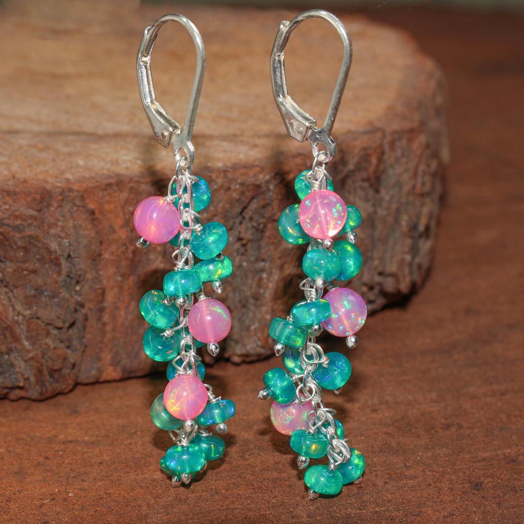 Fire Opal Cluster Earrings: Green Pink Ethiopian Opal, Sterling Silver