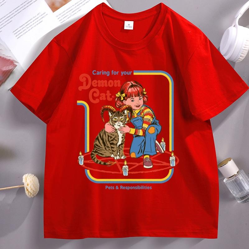Caring for Your Demon Cat Print Tshirt Unisex Women Cotton Short Sleeve T Shirt Casual Round Neck High Quality Tshirt Streetwear S