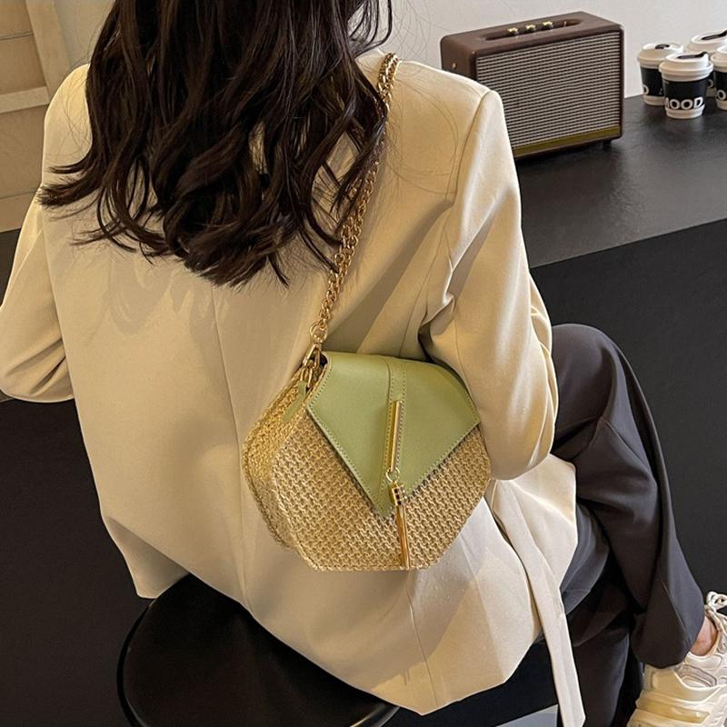 Dámská plážová taška Tote ze slámy a kůže Dámská letní ratanová taška přes rameno Dívčí ručně pletená bohémská crossbody taška