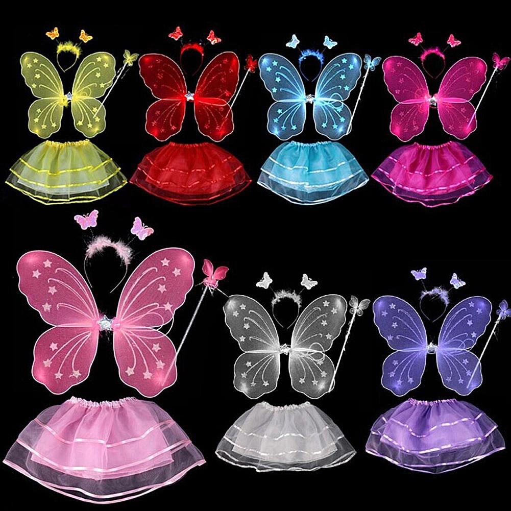 4Pcs Fairy Princess Children Costume Sets Butterfly Wings Wand Headband Tutu Skirt