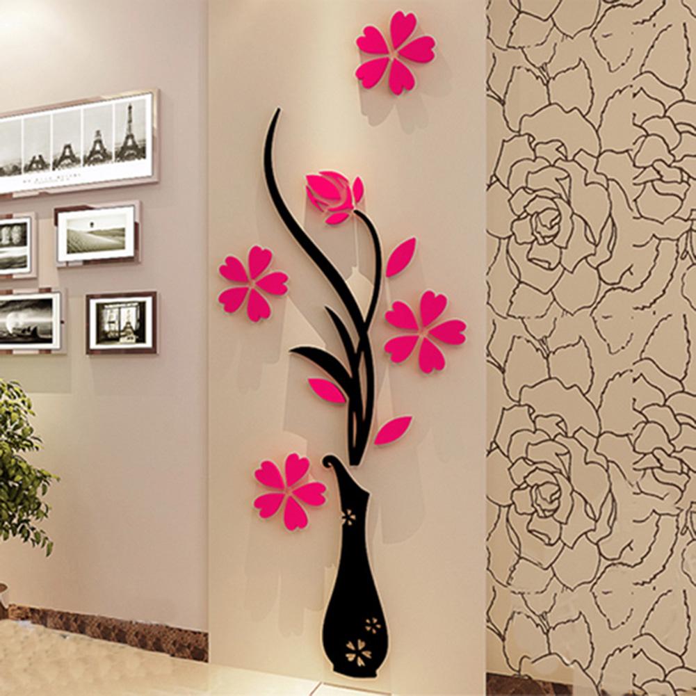 DIY Vase Flower  Self-Adhesive Wallpaper Tree Crystal Arcylic 3D Wall Sticker Decal Children's Room Home Decor