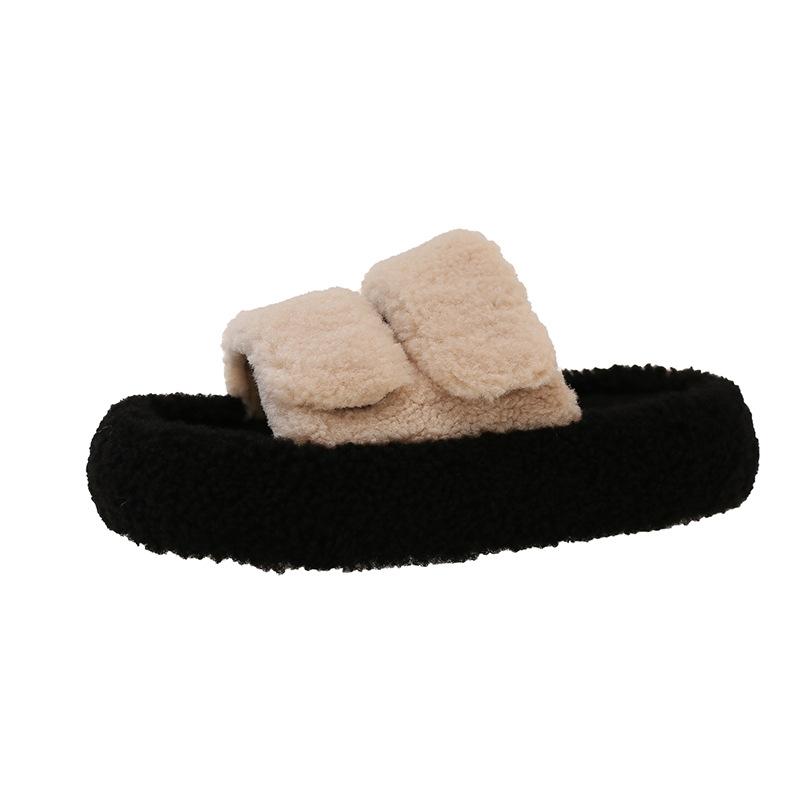 Fairy wind thick-soled fluffy slippers female outer wear 2025 new autumn and winter fashion home plush one-word cotton slippers