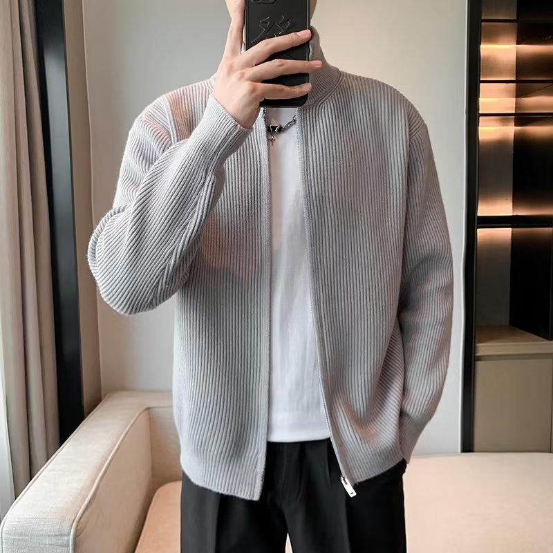 

Мужская стильная корейская трикотажная куртка-кардиган с воротником-стойкой, облегающего кроя на весну/осень 2022 г. L серый