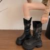 Neue britische Martin-Stiefel Damen Mid-Tube Ritterstiefel Dicksohlige Herbst Erhöhungsstiefel Lokomotiv-Gürtelschnalle 2025