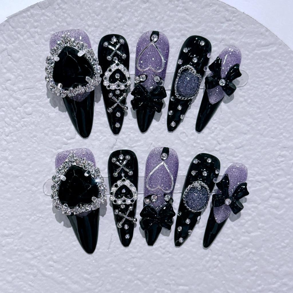 10Pcs Y2K Almond Press On Nails With Glue Handmade Metal Diamond Sweet Cool Full Cover Wearable Manicure Tips
