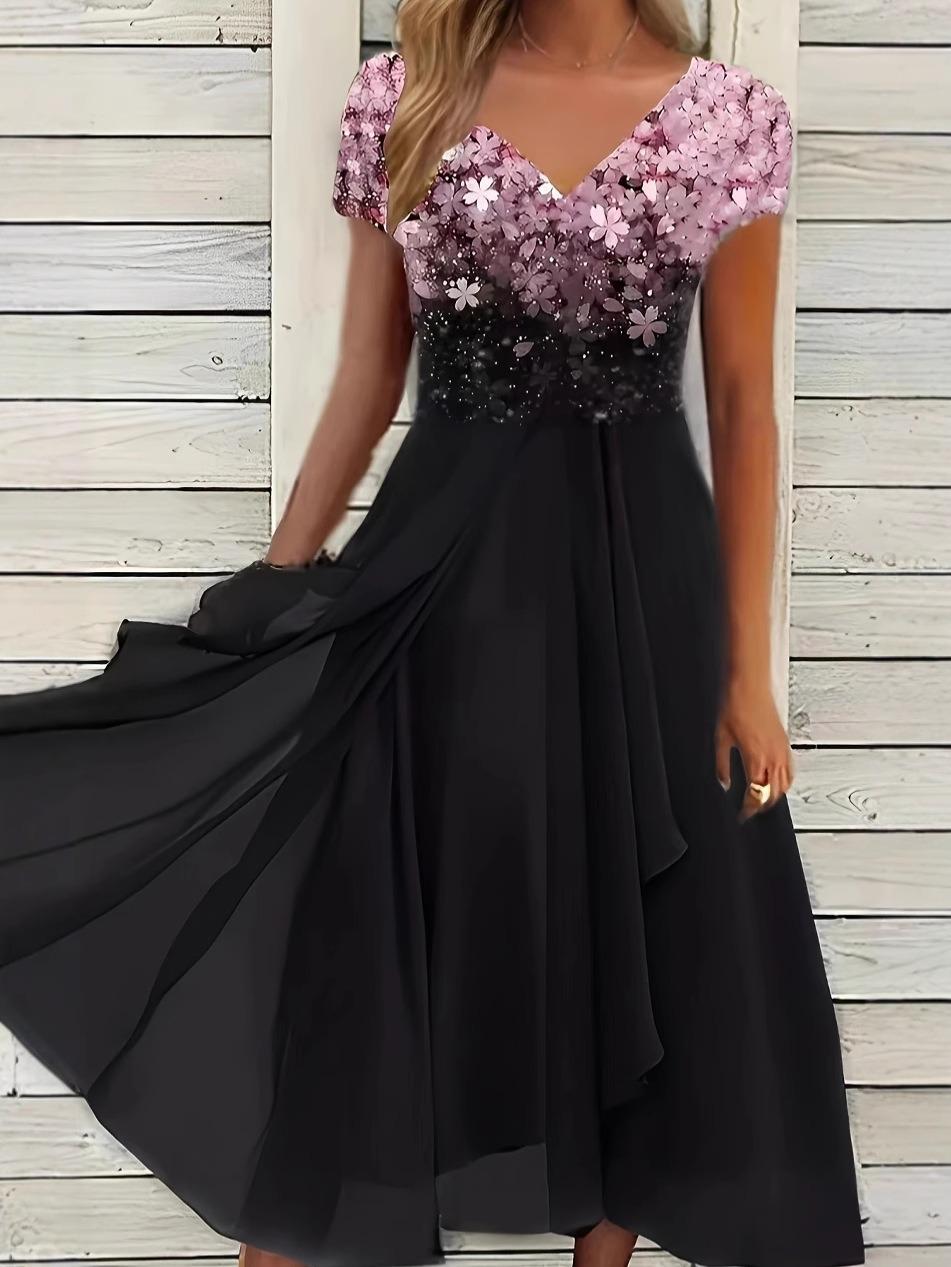 Summer 2026 V-Neck Floral Print Casual Short-Sleeve Maxi Dress for Women Double Extra Large розовый