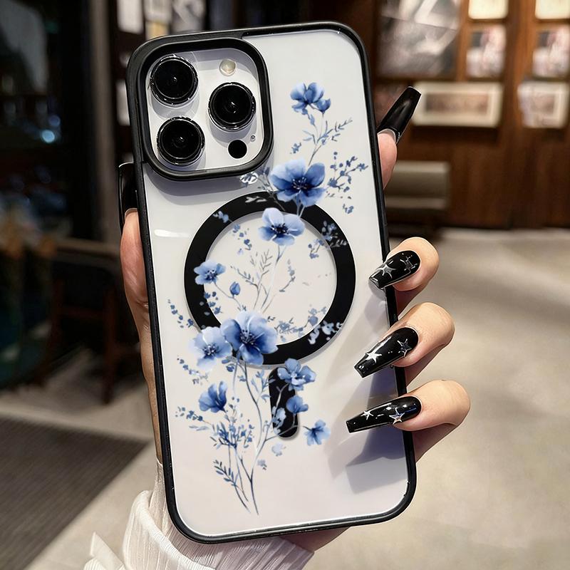 Blue Floral Pattern Magnetic Phone Case For iPhone 17 16 15 14 Pro Max 13 12 11 16E 16 Plus 17 Air Clear Shockproof Bumper Cover