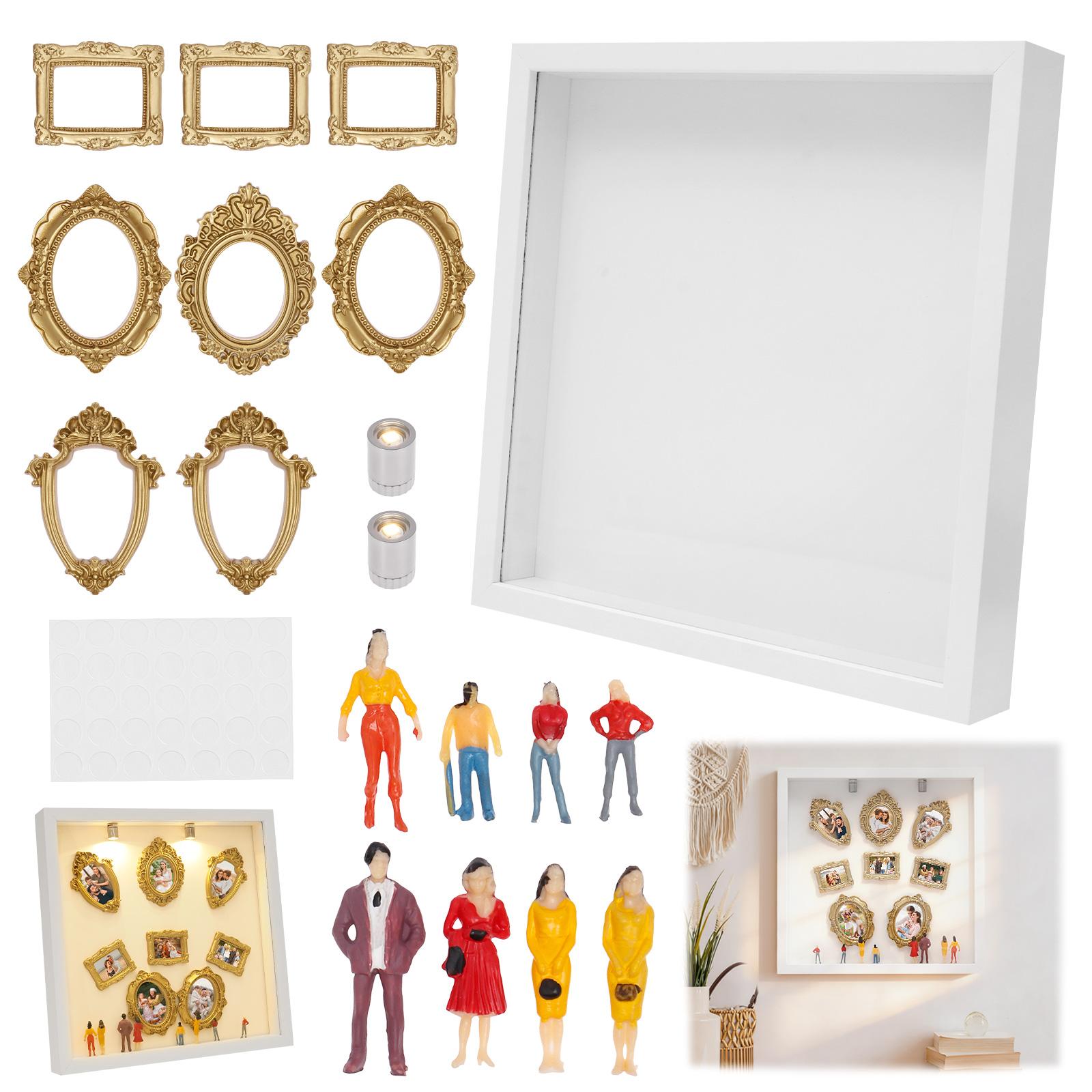

Набор для создания мини-музея «Силуэтная коробка» (Shadow Box Frame Kit) со светом, 8 золотых мини-рам и 8 фигурок. Отпразднуйте свои уникальные воспоминания