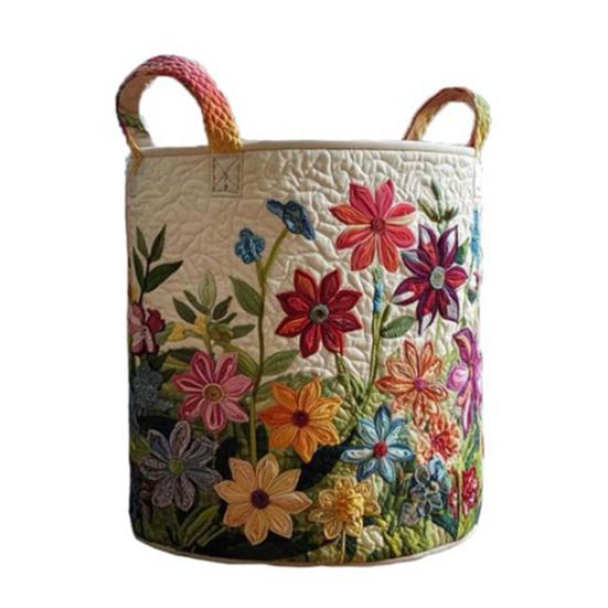 Quilted Laundry Basket Fabric Floral Storage Basket with Handles Boho Clothes Basket for Laundry Nursery Bedroom Garments Kids Toys