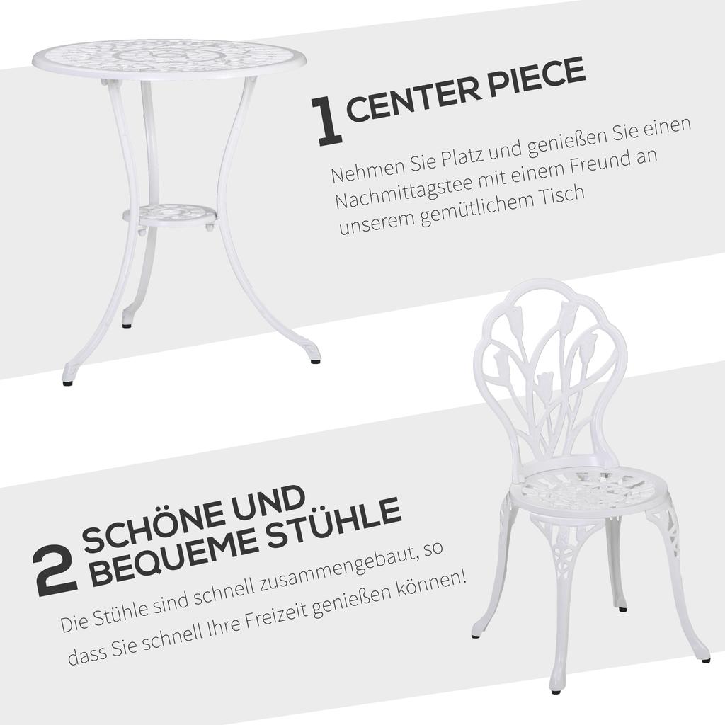 Set da Patio Bistro in 3 Pezzi per 2 Persone, Tavolo e Sedie da Giardino in Alluminio da Esterno con Foro per Ombrellone per Balcone, Bianco