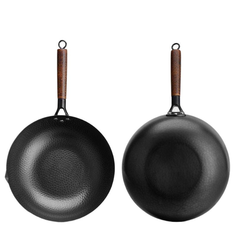 Iron Wok 32cm Traditional Iron Skillet with Wood Lid Non-coated Pot Chinese Kitchen Cookware for Gas and Induction Cooker