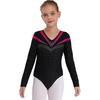 Girls Long Sleeve V Neckline Dance Leotards Shiny Rhinestone Decorated Contrast Color Slim Fit Unitard