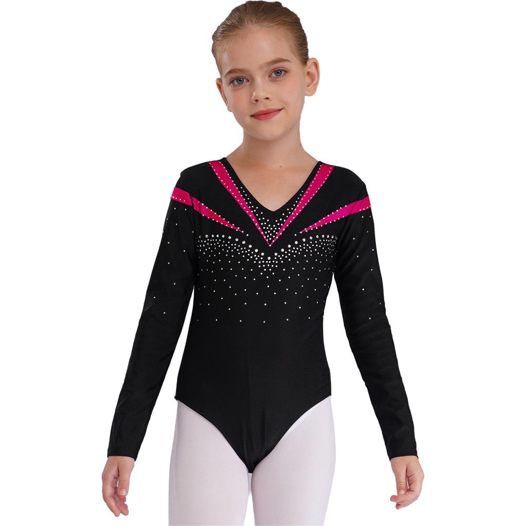 Girls Long Sleeve V Neckline Dance Leotards Shiny Rhinestone Decorated Contrast Color Slim Fit Unitard