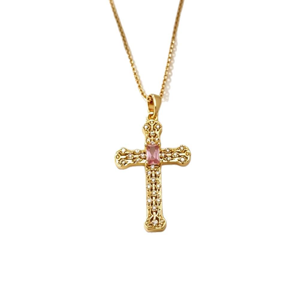European & American Colorful Cubic Zirconia Cross Pendant Necklace with Full Diamond Design, Micro-inlaid Copper Collarbone Chain