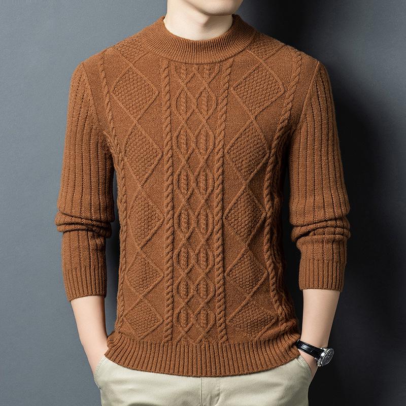 Winter Men's Wool Blend Jacquard Sweater: Thickened Long Sleeve, Half-High Collar, Fashion Casual for All Ages