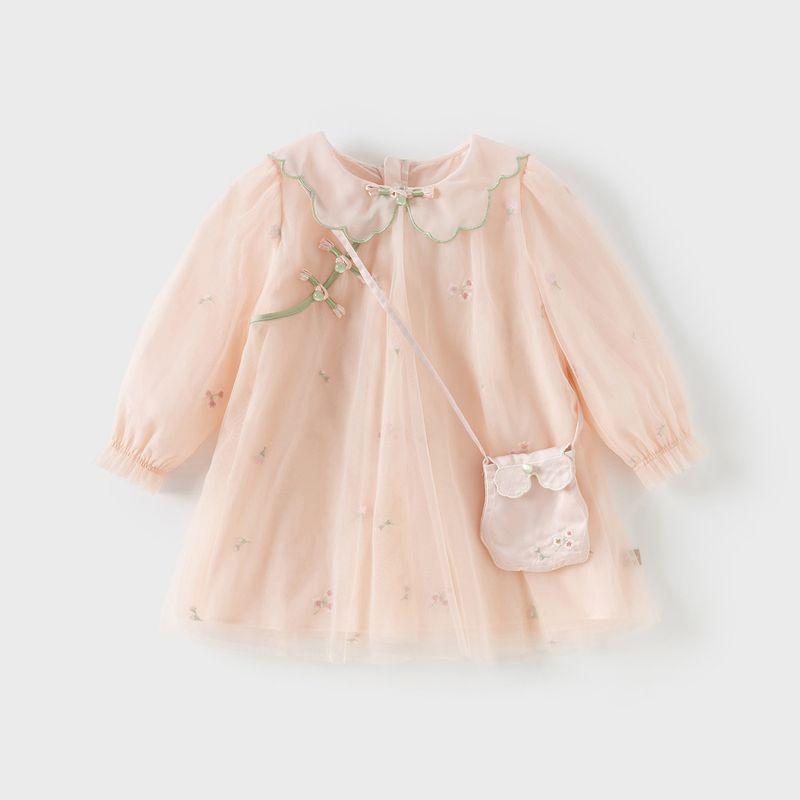 David Bella Girls  Dress 2026 New Spring Collection Children s National Style Mesh Dress Baby Children s Fashionable Dress Peach Pink [Ready in Stock] 100