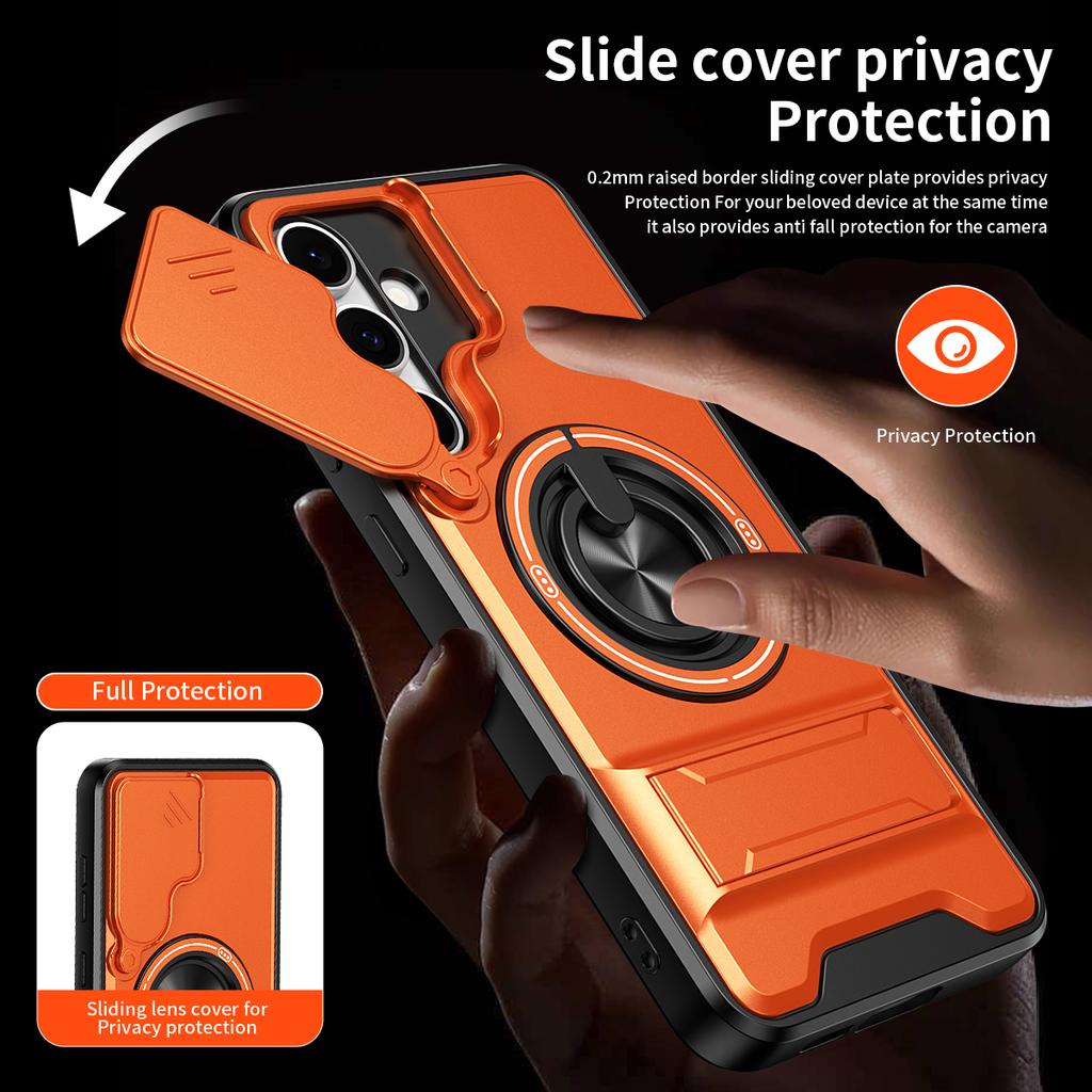 For Samsung Galaxy S24 FE Magnetic Case Ring Holder Foldable Kickstand TPU PC Phone Cover with Camera Lens Slider