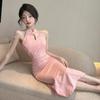 Elegant Off-Shoulder Qipao Evening Gown with Pearl Chain Accents