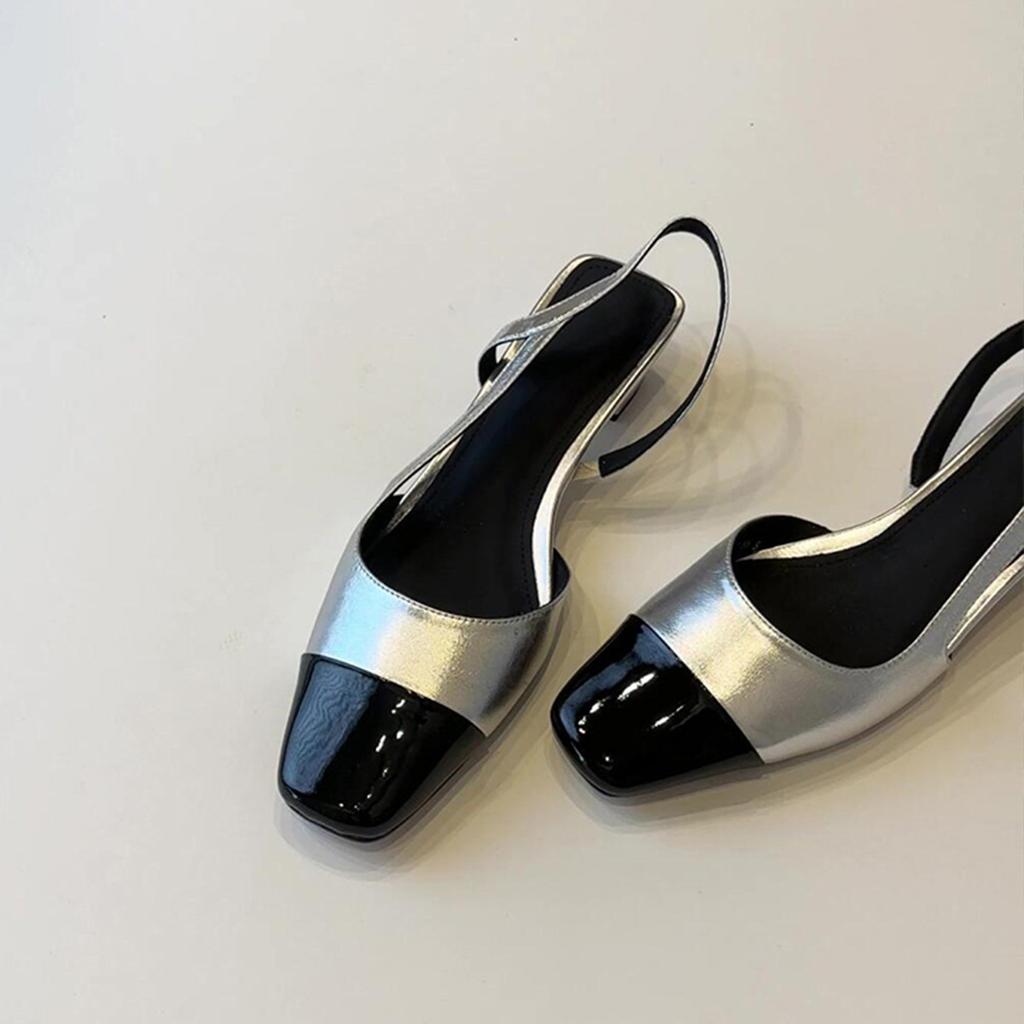 Sheepskin Version~ French Black Low-heeled Commuter Sandals Women's Fashion Casual Square Head Rear Air Temperament Splicing Bag Head Shoes