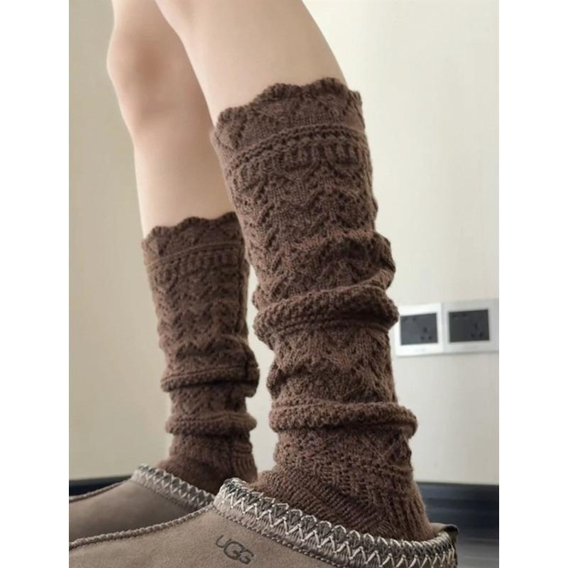

Ретро носки из шерстяного ворса для женщин, теплые осенне-зимние вязаные ажурные гольфы до икры, шерстяные кружевные длинные носки 1 pair кофейный