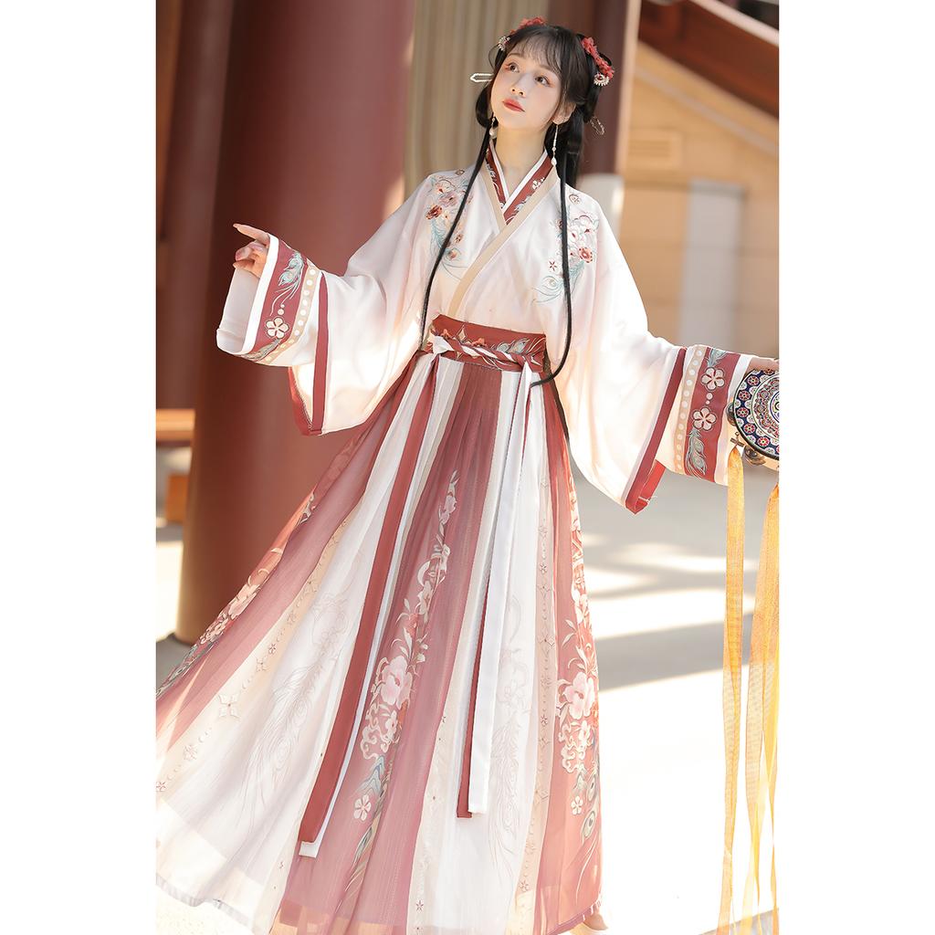 Chinese Wei And Jin Dynasties Style Hanfu Printed Collar Blouse And Waist-length Skirt Women's Suit