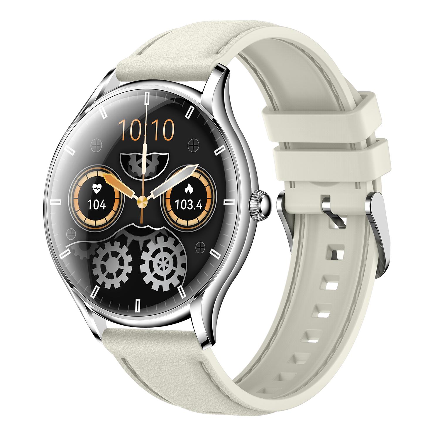 

QS36 Силіконовий ремінець 1,43-дюймовий Смарт-годинник Моніторинг серцевого ритму та сну Сумісний з Bluetooth Дзвінки Спортивний годинник Silver+Beige