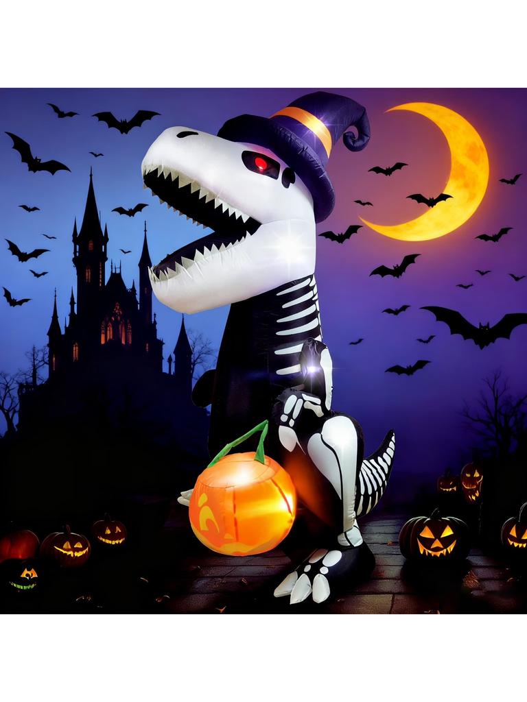 Joyfy 8 FT Halloween Inflatable Skeleton Dinosaur with Build-in LEDs Pumpkin for Halloween Outdoor Blow up Yard Decorations