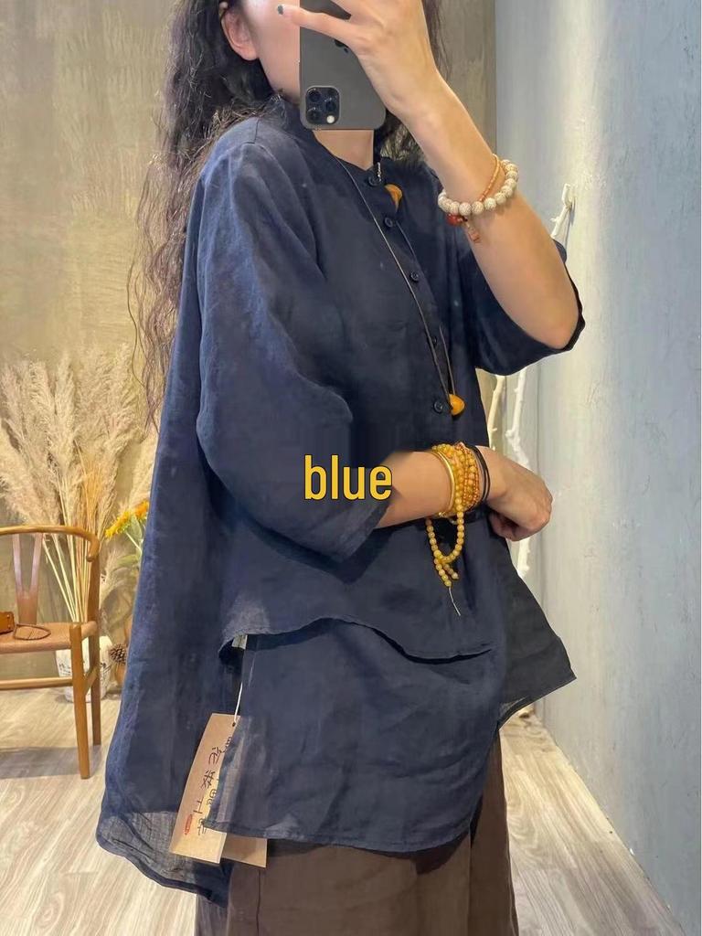 Women's Retro Cotton Linen Irregular Seven-Sleeve Shirt - 2024 Autumn Design, Flattering Loose Fit