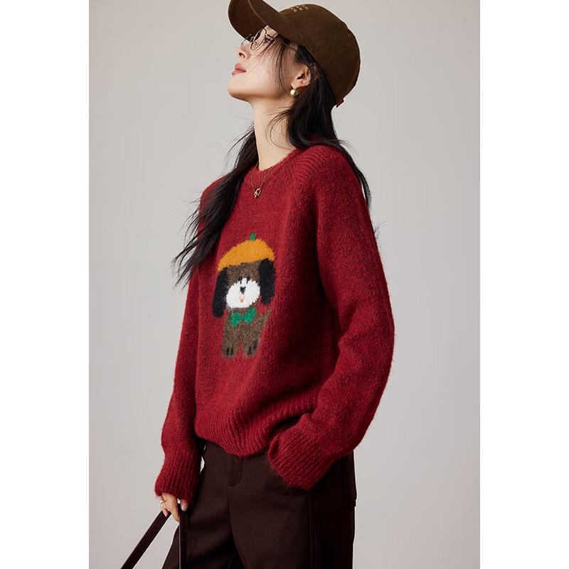 VICTORIA&VERA Women's Hooded Puppy Jacquard Knit Sweater