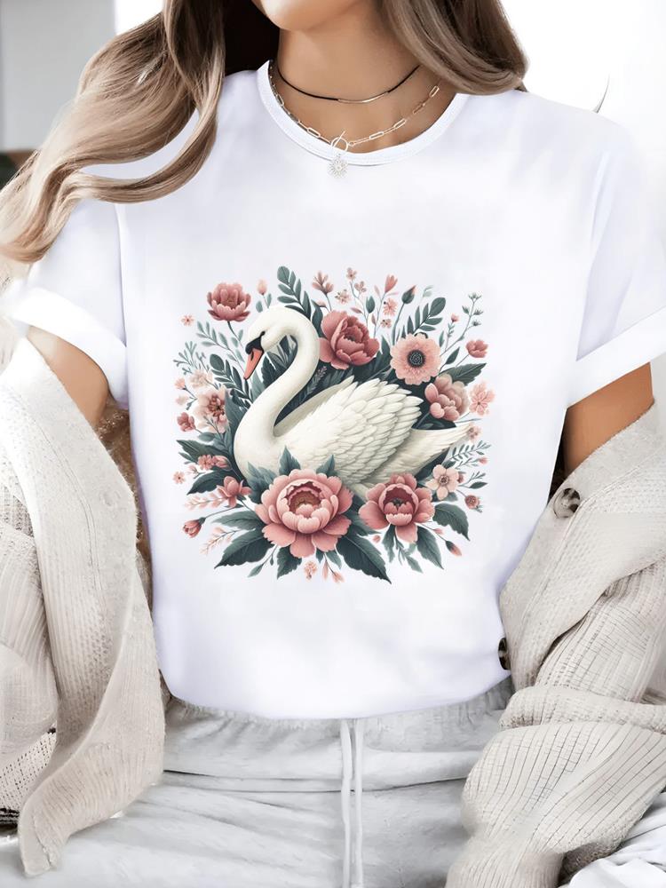 

(Азиатский размер) Повседневный женский топ футболка цветок милый тренд мода круглый вырез женская одежда принт короткий рукав графическая футболка S