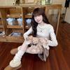 Hong Kong Style Women's Heart Polka Dot Long Sleeve Thermal Fleece T-shirt, Light Apricot Lace Patchwork, Autumn/Winter.