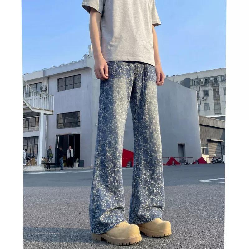 American retro washed old star-printed jeans men's thin and versatile pants straight micro-flared pants