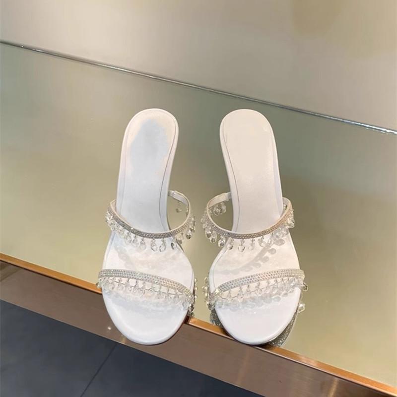 

Crystal Pendant Tassel Women Slippers Sandals Elegant Stiletto High heels Mules Slides Female Summer Party Prom Shoes 40