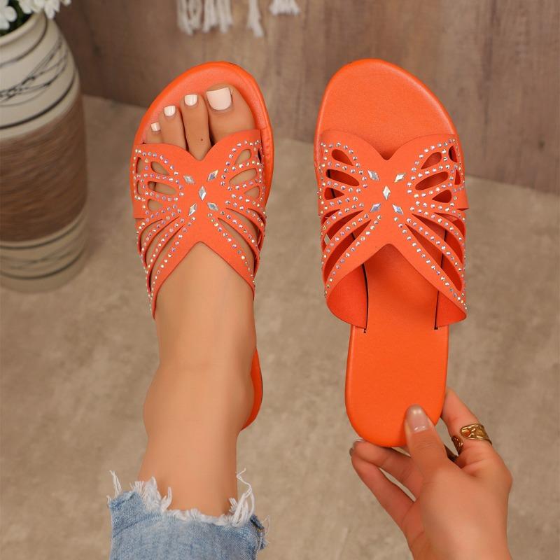 Summer new round head slippers flat bottom hollow butterfly rhinestone word cool slippers women