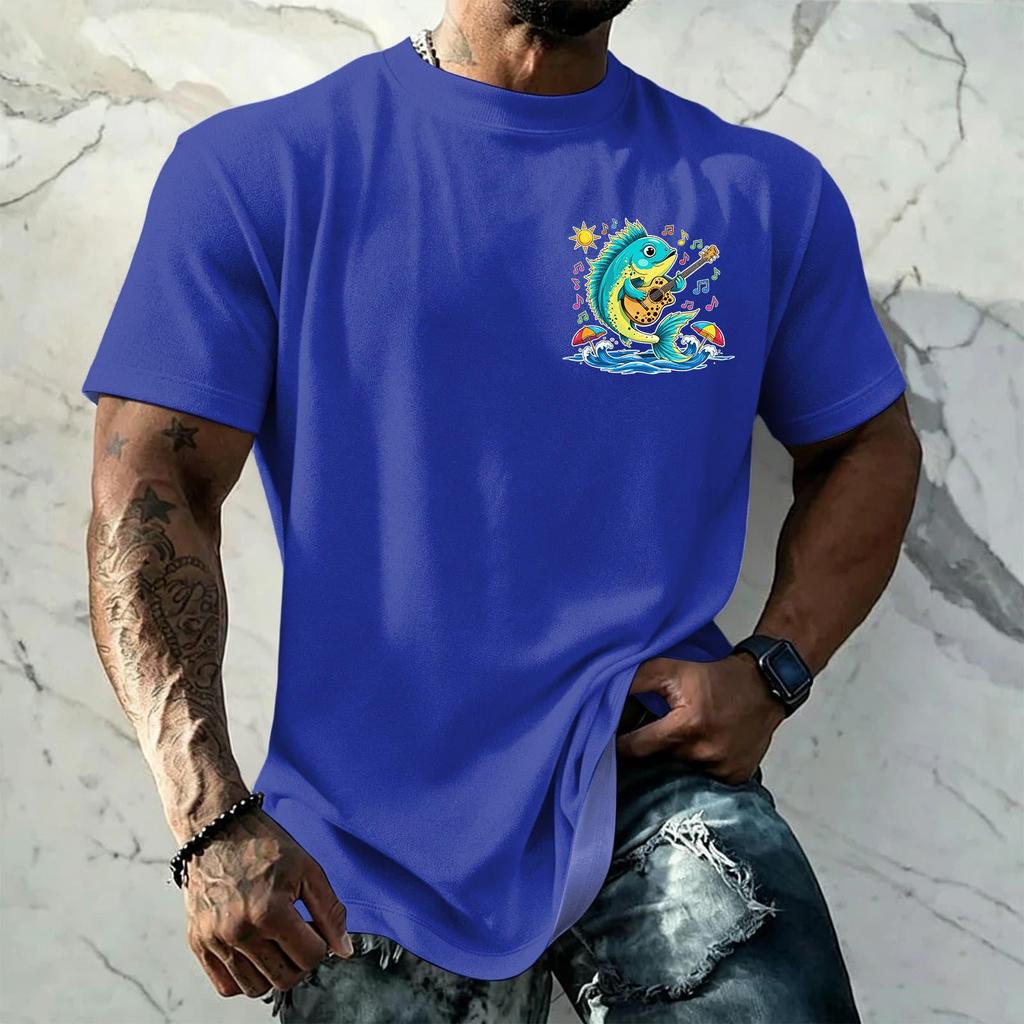 Men's Vintage Textured Print Short Sleeve T Shirt Loose Fit Casual Summer Daily Wear Top with Graphic Fish Design