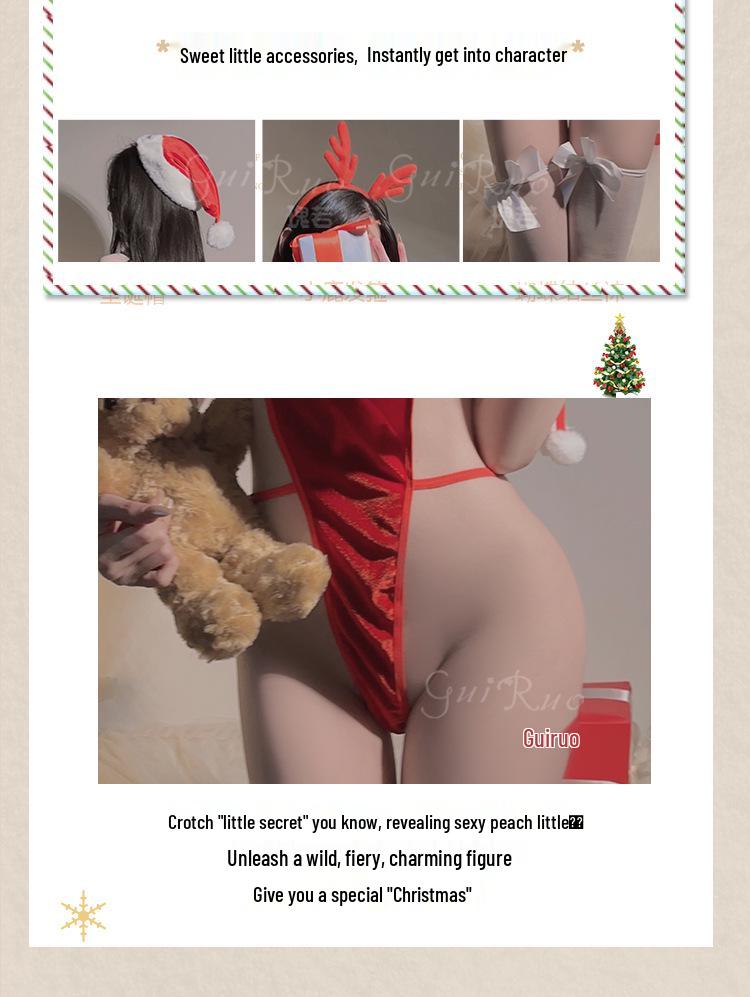 Alluring Velvet Mesh Open Crotch Christmas Lingerie Bodysuit Set for Women