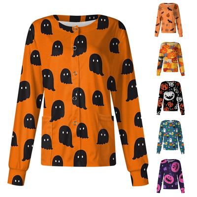Women Long Sleeve Pattern Pocket Working Halloween Print Stand-up Collar Single-breasted Protective Overalls Cardigan Jacket Top