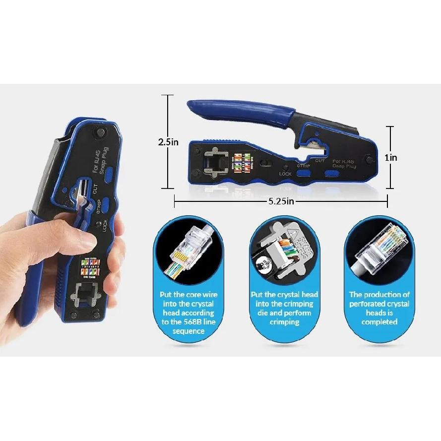 RJ45 Crimp Tool Pass Through Crimper Cutter for Cat6a Cat6 Cat5 Cat5e 8P8C Modular Connector Ethernet All-in-one Wire Tool