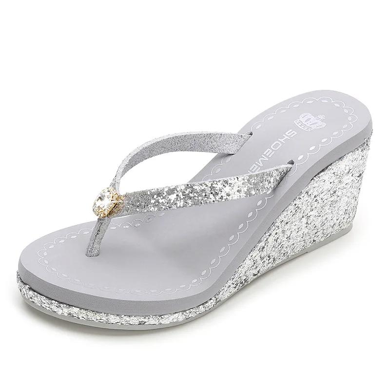 Fashion Summer Platform Women Slippers High Heel Wedges Slides Sequins Rhinestones Ladies Flip Flops Casual Female Sandals Sexy Shoes