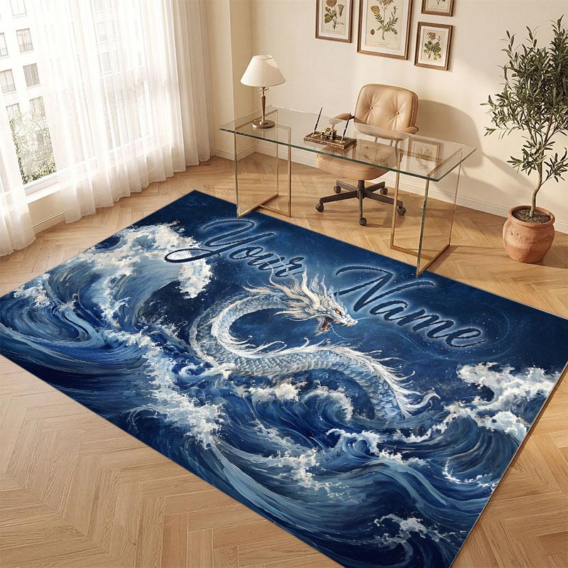 Dragon Theme Crystal Velvet Floor Rug Personalized Custom Name Text Warm Carpet Home Decoration