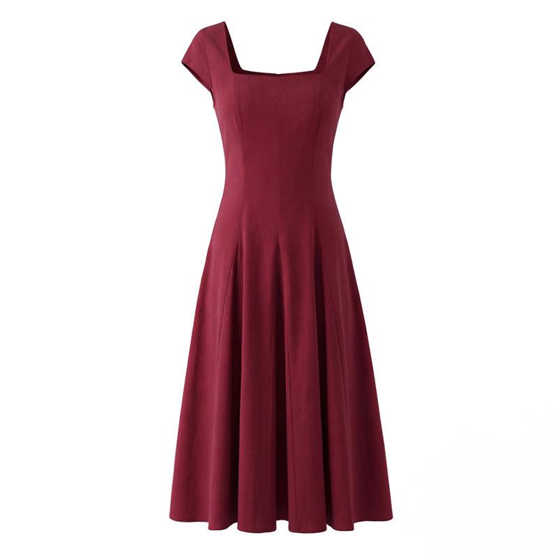 Elegant French Square Neck Short Sleeve Tie-back Dress - Slimming Waist Mid-length Skirt for Summer Vacation