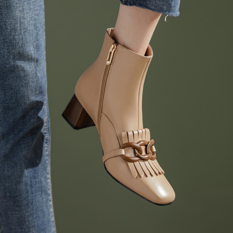 Fashion 2025 New Women Shoes Fringe Women Boots Winter Ankle Boots Zapatos De Mujer Womens Boots Square Toe Genuine Leather Black Boots