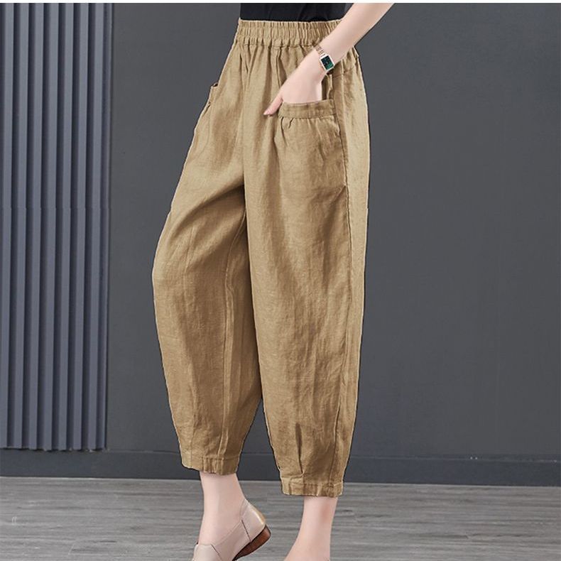 Summer Casual Cotton Linen Pants Women Retro Pockets Loose Harem Pants Woman Solid Elastic Waist Trousers Female
