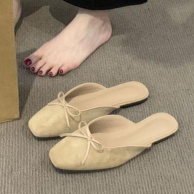 Gentle Bag Head Half Slippers Outer Wear Women's Shoes Spring and Summer 2025 New Suede Bow with Skirt Flat Shoes