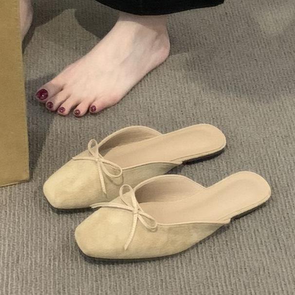 Gentle bag head half slippers outer wear women's shoes spring and summer 2025 new suede bow with skirt flat shoes