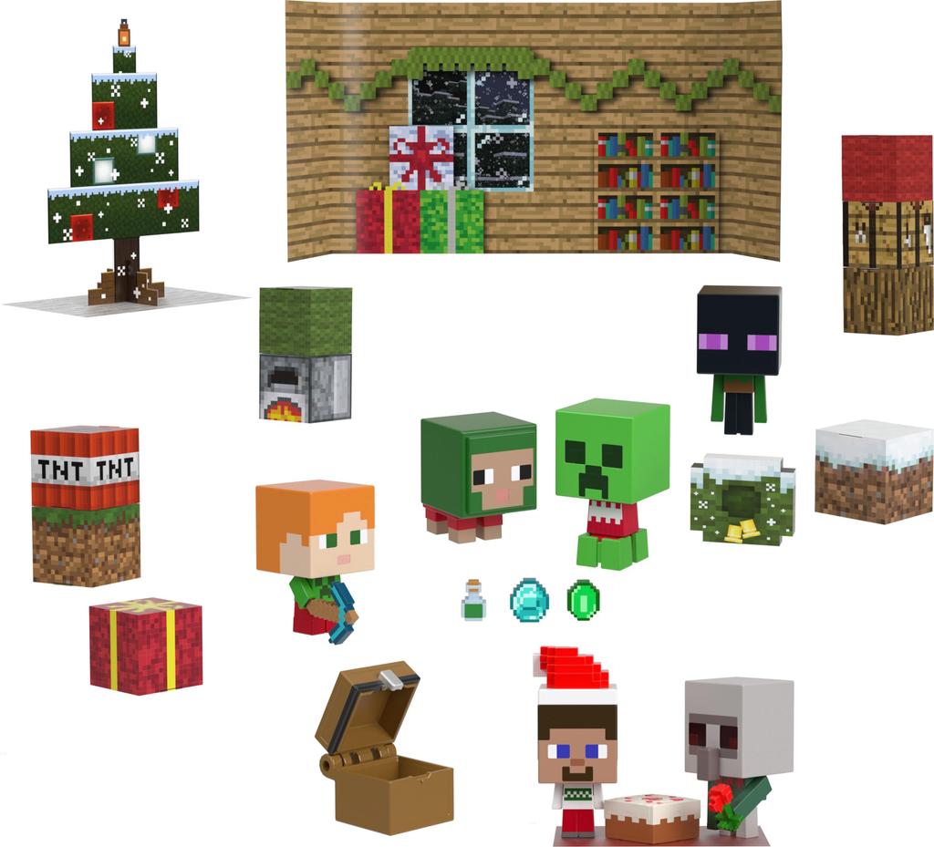 Mattel Minecraft Mob Kopf Mini Adventskalender mit 24 Überraschungs-Actionfiguren & Zubehör, Inklusive Steve/Weihnachtsgeschenk