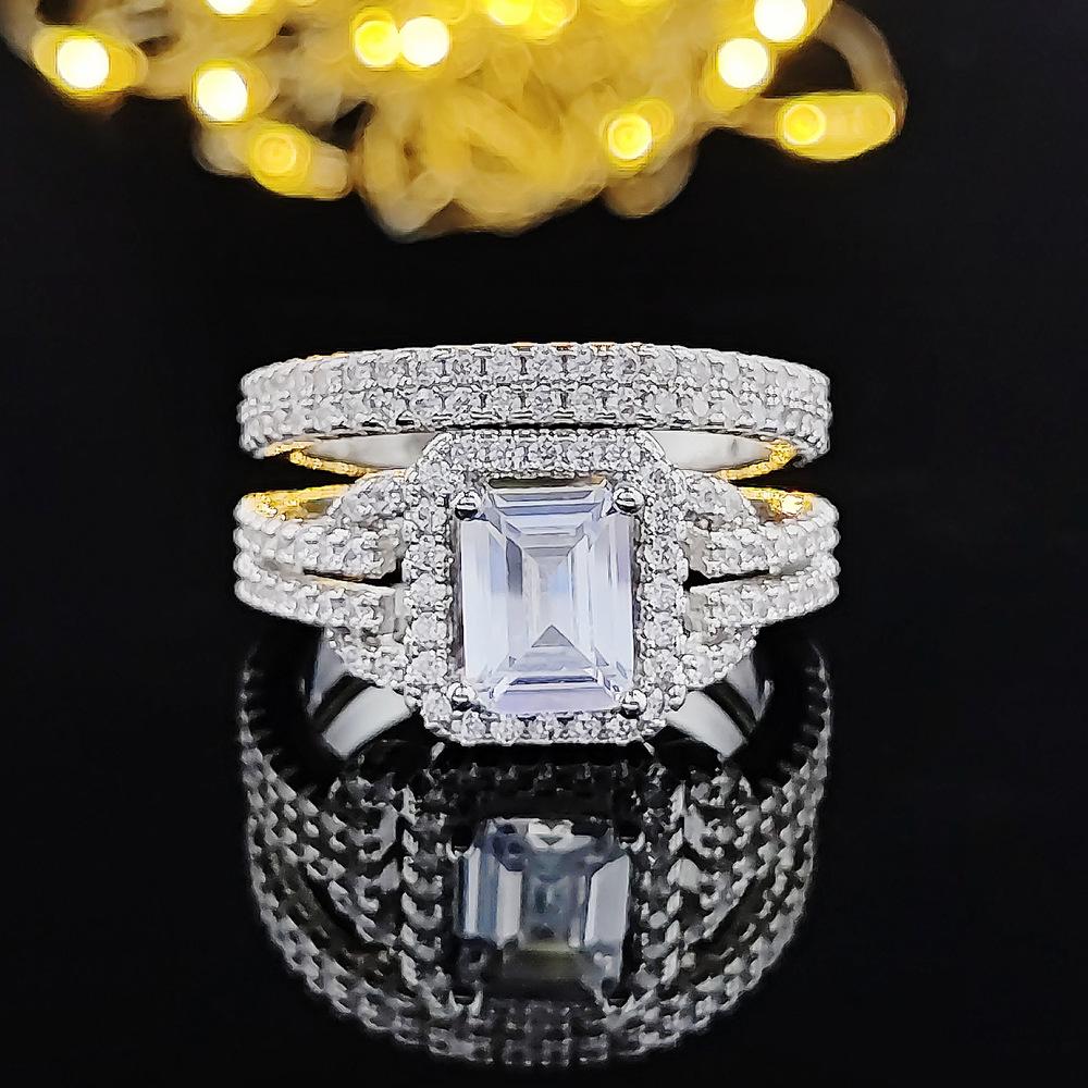 

European and American Flash Diamond Rectangular Ring: Micro-Paved Full Diamond Wedding Band for Women (R2101-R4414) Size 9 белый