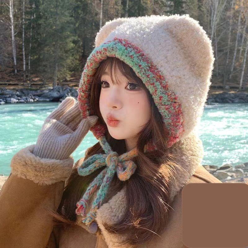 2025 new cute bear ears knitted wool hat women's plush hat autumn and winter warm ear protection big head circumference