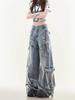 Unisex Wide-Leg Multi-Pocket Ripped Blue Jeans with Deconstructed Ribbon