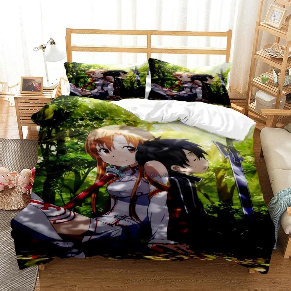 SAO Anime Art Print Three Piece Bedding Set Fashion Article Beds Quilt Covers Pillowcases Duvet Cover for Boys Adults